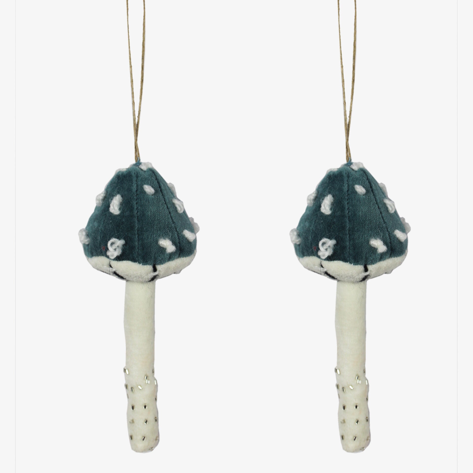 Set of 2 Embroidered "Mushroom" Shaped Christmas Tree Ornaments